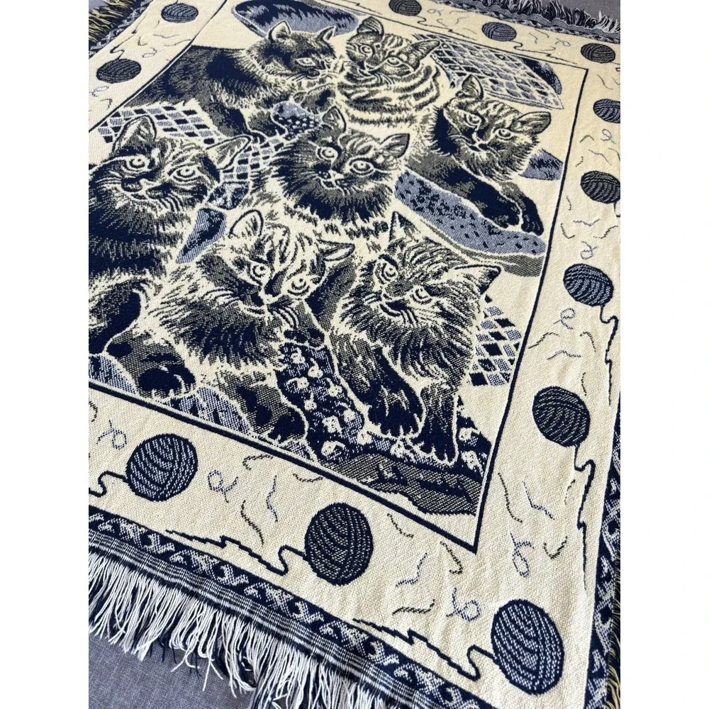 Vintage Woven Cat Kittens Throw Blanket Fringe Navy Cream 43x54 Tapestry Cottage - Picture 10 of 14